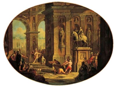 A capriccio of a classical palace with Alexander at the Tomb of Achilles