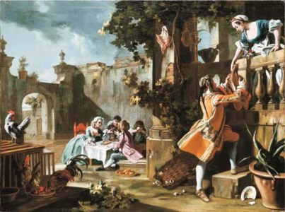 An elegant children's tea-party in the forecourt of an Italian villa with a young man passing a joint of meat to a woman standing on a balcony above