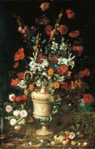 Roses, hollyhocks, lillies, convovulus and other flowers in a classical urn with fruit, a lizard and a snake