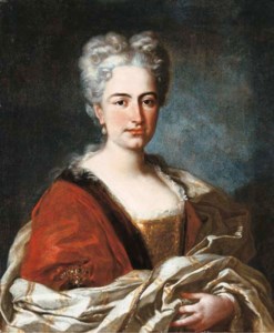 Portait of a lady, half-length, in a red and gold dress with lace trimmings and a satin shawl
