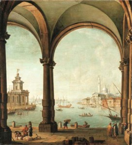A capriccio of the Bacino di San Marco, Venice, from the entrance to the Giudecca, with the Punta della Dogana and San Giorgio Maggiore through a vaulted loggia
