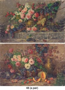 Summer blooms in brass and copper ewers by a grape vine; and Summer blooms and grapes in a basket by peaches, cherries, a pumpkin, a brass ewer and a vine on a ledge