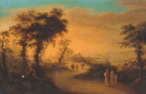 Travellers on a Tuscan road, Elba in the distance