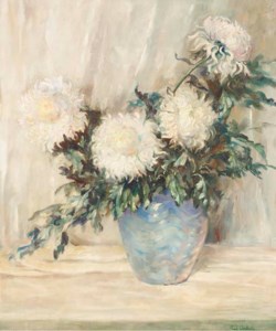 White peonies in a blue vase