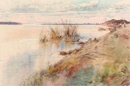 A RIVER LANDSCAPE WITH FIGURES ON THE BANKS; ALSO A COMPANION WATERCOLOR