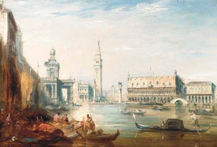 THE GRAND CANAL AND THE DOGES PALACE WITH FIGURES ON THE QUAY IN THE FOREGROUND