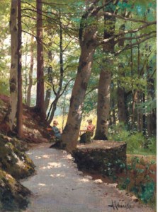 Two ladies at rest in a wooded landscape