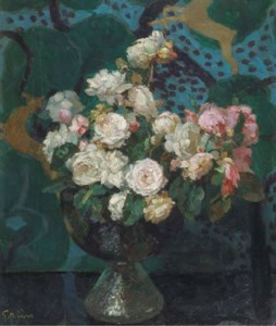 A still life with white and pink roses in a glass vase