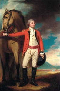George Romney, Portrait of Major James Hartley, full-length, in uniform, holding his horse, a formation of soldiers near a mountain beyond