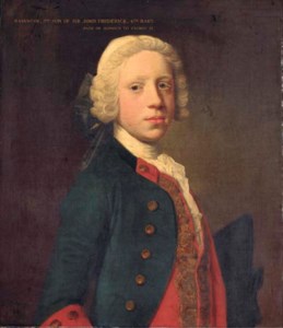 Portrait of Marescoe Frederick, half-length, in a blue military coat and red waistcoat, holding a tricorn