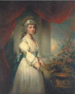 Portrait of Lady Frances Herbert, three-quarter-length, in a white dress with blue sash, tending a geranium in an urn, by a column and a red curtain, with sky beyond