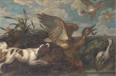 A spaniel chasing a bittern, with a heron and duck, in a landscape