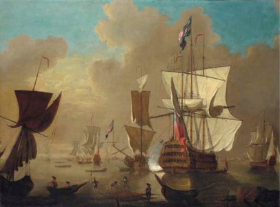 A first rate man-o'war, firing a salute from her position within an offshore anchorage