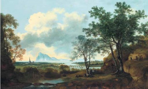 A capriccio view of Chichester, with figures and cattle in the foreground