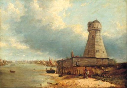 A view of Lowestoft lighthouse, with figures in the foreground and the Stanford Channel beyond