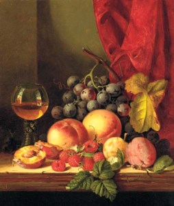 Still life with plums, peaches, black grapes, raspberries, and a roemer