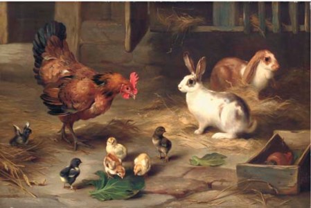 A hen with her chicks, and two rabbits in a stable