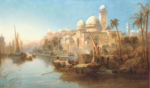 Vessels moored at the steps of a Moorish palace