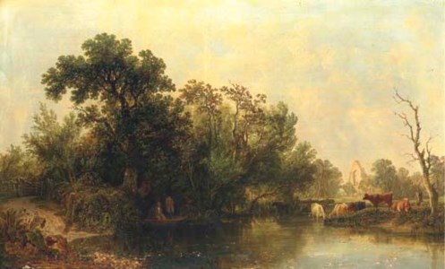 Anglers fishing beside a ruined Abbey