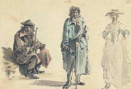 Three figure studies of an elegant lady and two gentleman, one wearing a greatcoat