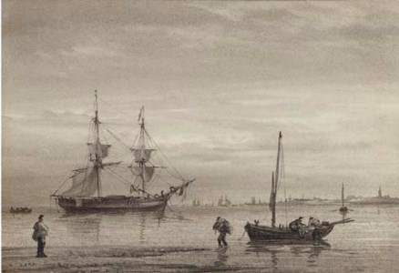 A trading brig lying at anchor off Yarmouth