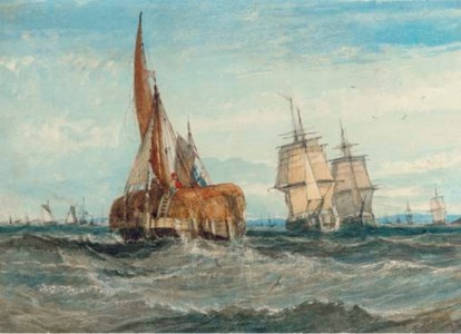 A hay barge and merchant ships on the Medway