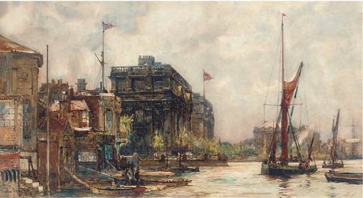 Barges on the Thames before Greenwich Hospital