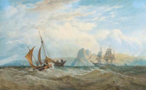 A merchantman and local craft off the South Wales' coast