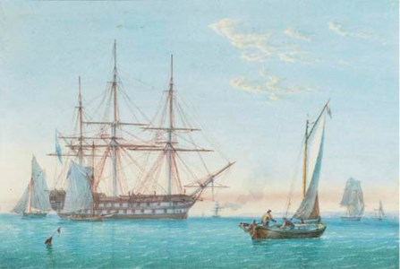 A Royal Naval two-decker lying in Spithead with small craft nearby