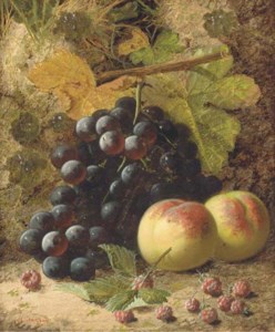Peaches, grapes and raspberries on a mossy bank