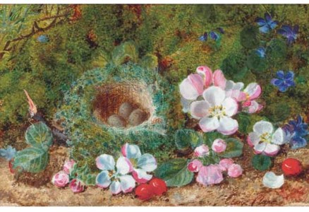 Apple blossom, berries and a bird's nest with eggs on a mossy bank; and Grapes, raspberries and greengages on a mossy bank