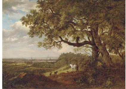 Figures on a viewpoint overlooking a town