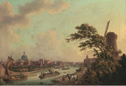 Barges on a canal, traditionally identified as the Grand Junction Canal