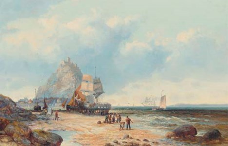 Fishermen on a beach below St. Michael's Mount
