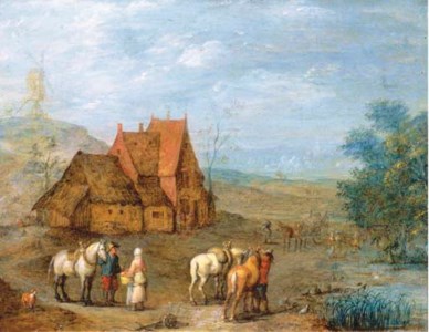 A landscape with travellers and their horses before a farmhouse, windmill beyond