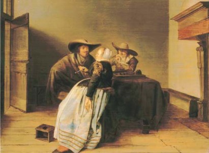 An interior with two soldiers and a lady