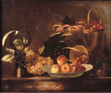Peaches and raspberries on a dish, with grapes, a roemer , a partly-peeled lemon and a basket on a marble ledge