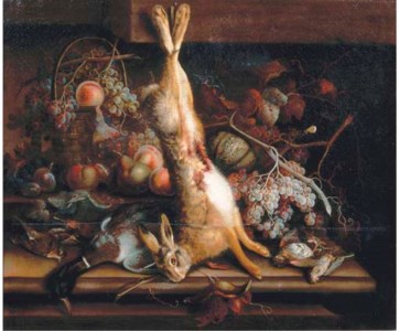 Still life of game and fruits on a stone ledge