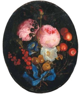 A swag of pink roses, gooseberries, cherries and other berries with a bow hanging from a nail