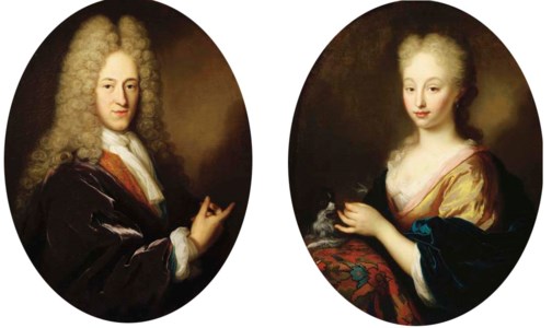 Portrait of a gentleman, half-length, in a gold-embroidered waistcoat, a purple velvet cloak with chemise, cravat and a wig; and Portrait of a lady, half-length, in a yellow silk dress and a blue velvet mantle, her pet dog on a draped table at her side