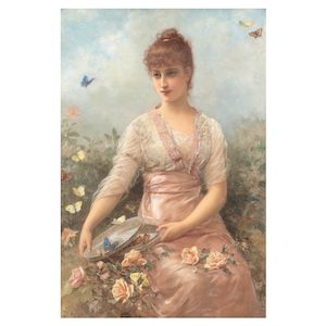 Emile Eisman-Semenowsky (Polish/French, 1857-1911) Young lady with roses and butterflies