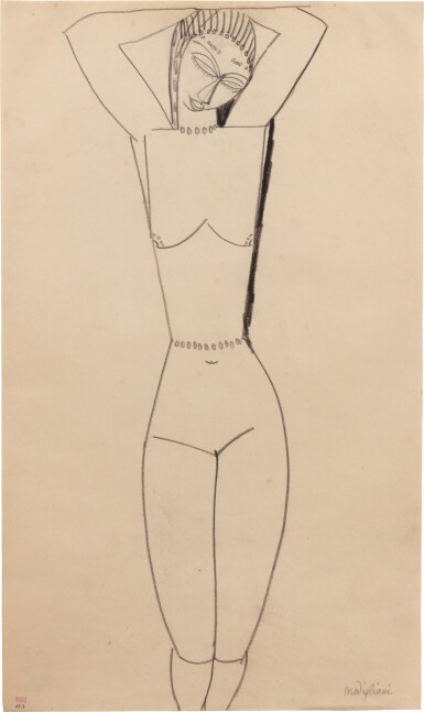 Femme nue de face, mains sur la tête, inclinée à gauche, collier et ceinture de perles