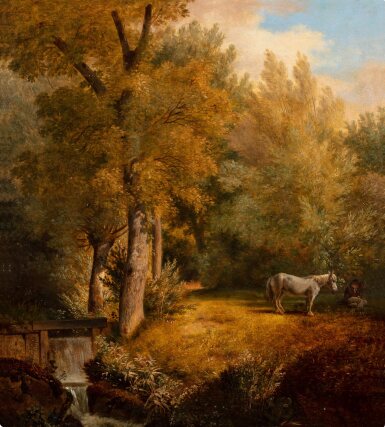Wooded Landscape with Stream, White Horse and a young Man resting | Sous-bois animé