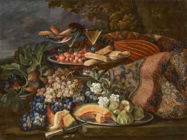 Still life of figs, grapes, a melon, strawberries and biscuits, accompanied by glassware, a lute and an oriental carpet