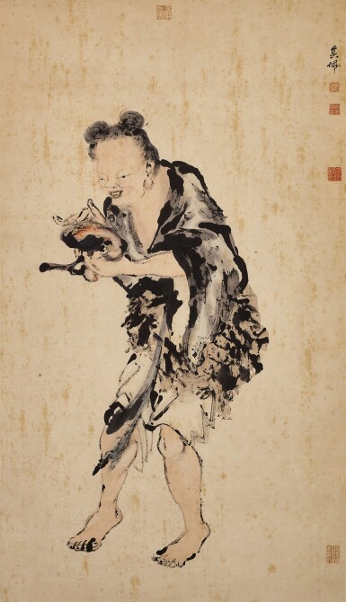 Gao Qipei, Immortal and Lingzhi | 高其佩　採芝獻壽　設色紙本　立軸