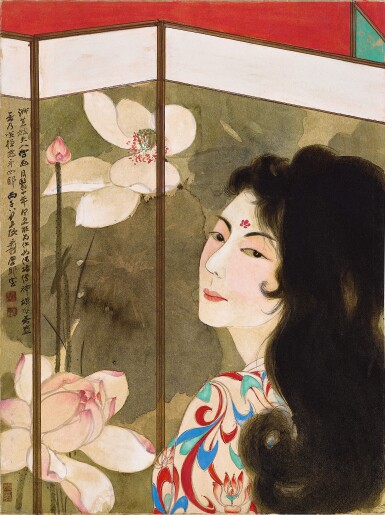 Zhang Da Qian, 張大千 荷花屏風仕女 | Zhang Daqian (Chang Dai-chien), Lady by the Lotus Screen