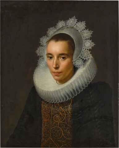 Portrait of a lady, half-length, wearing a black dress with a gold-embroidered stomacher, a white ruff and lace head-dress