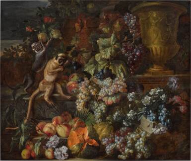 Still life of grapes, peaches, and melons cascading over a ledge with monkeys picking pomegranates
