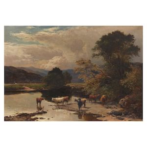 Sidney Richard Percy (British, 1821-1886) Cattle at a Ford on the East Lyn, North Devon