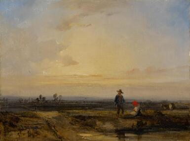 Landscape with sunset and figures before a pond